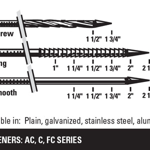The IC60-1 can use the AC, C and FC series 15° coil nails with lengths between 1" and 2/3/8".