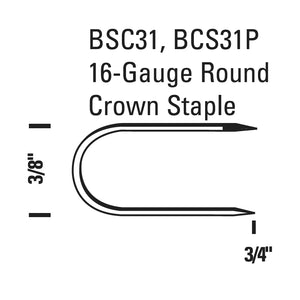 16 GAUGE BCS31P SERIES STAPLER, 3/8" ROUND CROWN X 3/4" DIVERGENT LEG